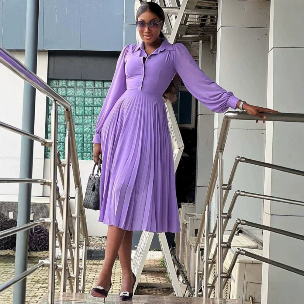 African Fashion Long Sleeve Lapel Pleated Maxi Dress Plus Size Flared